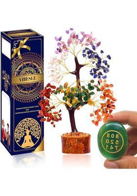 VIBESLE Combo of Chakra Tree Of Life and Green Jade Stone Zibu Coin - Crystal Tree Decorative Showpiece - 25 cm&nbsp;&nbsp;(Stone, Multicolor)