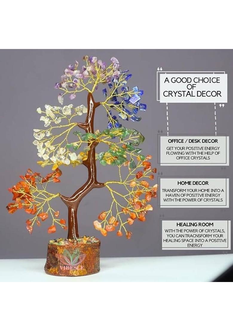 VIBESLE Combo of Chakra Tree Of Life and Green Jade Stone Zibu Coin - Crystal Tree Decorative Showpiece - 25 cm&nbsp;&nbsp;(Stone, Multicolor) - Indya