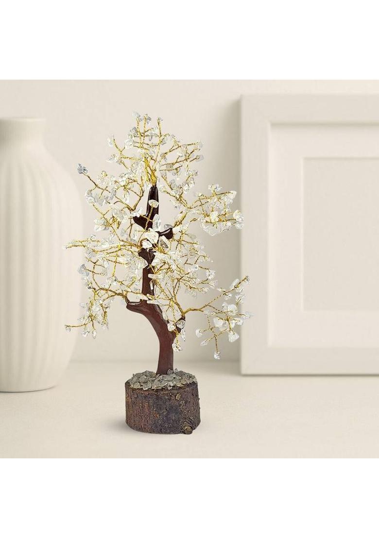 Calminds Clear Quartz Crystal Tree Decorative Showpiece - 20 cm&nbsp;&nbsp;(Wood, Clear, Brown) - Indya