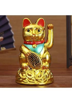 RMCG Traders RMCG TRADERS Vastu Fengshui Plastic Lucky Cat Sitting On Money Waving Hand Decorative Showpiece - 15 cm&nbsp;&nbsp;(Plastic, Gold)