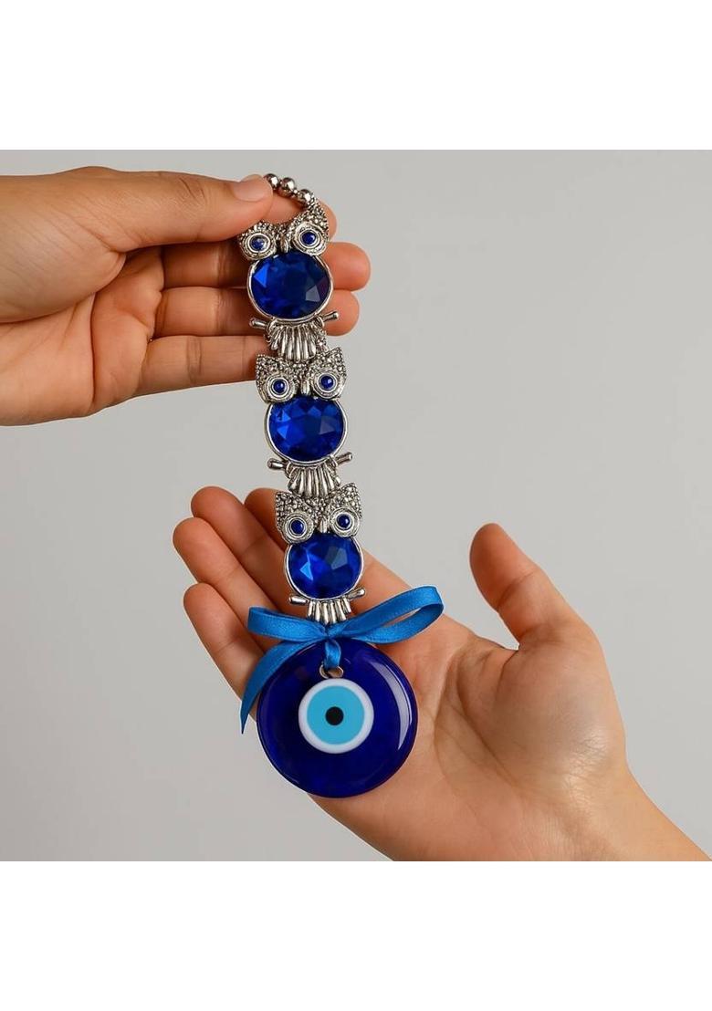 sculpmart Triple Owl Evil Eye Hanging Nazar Battu Ornament for Main Door & Wall Hanging Decorative Showpiece - 23 cm&nbsp;&nbsp;(Metal, Blue) - Indya