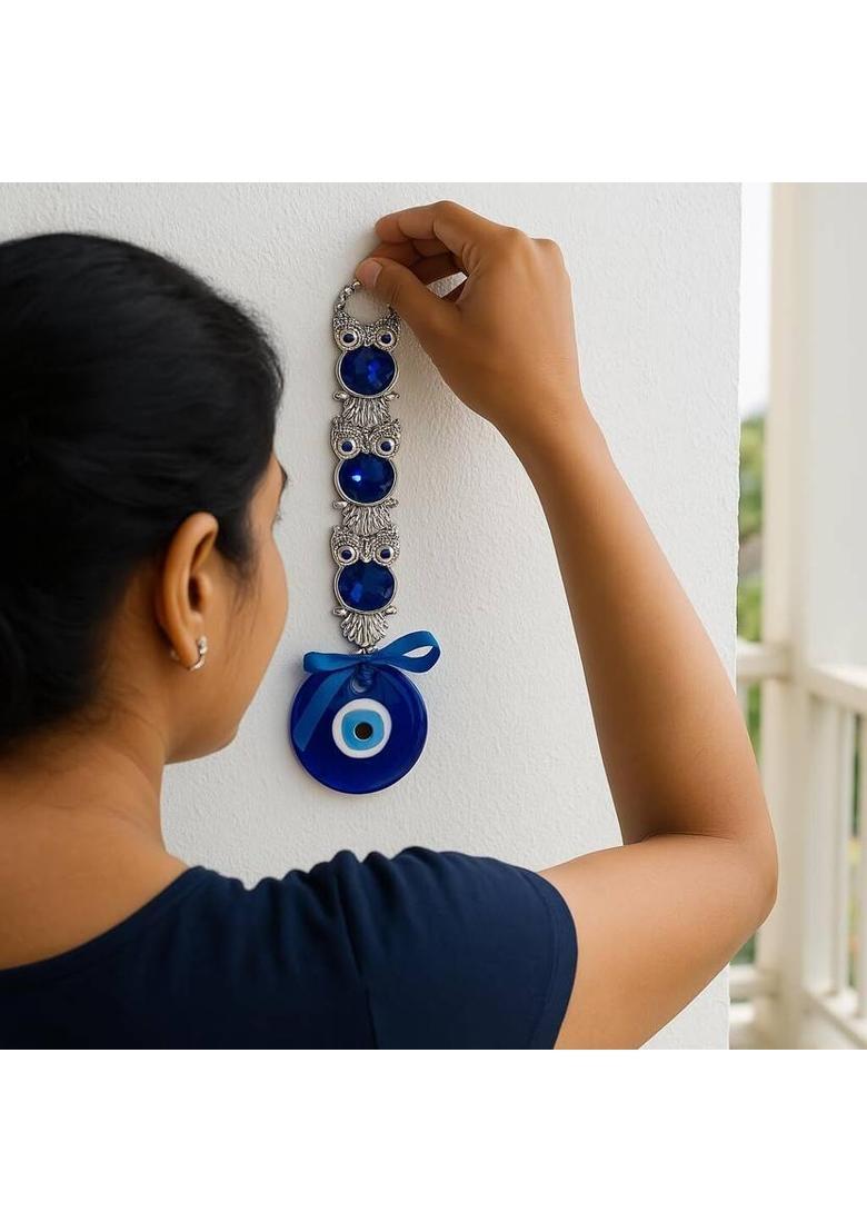 sculpmart Triple Owl Evil Eye Hanging Nazar Battu Ornament for Main Door & Wall Hanging Decorative Showpiece - 23 cm&nbsp;&nbsp;(Metal, Blue) - Indya