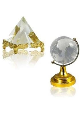Divine Creations Crystal Pyramids with Globe for Positive Energy in Home and Office - Set of 2 Decorative Showpiece - 6 cm&nbsp;&nbsp;(Glass, Gold)