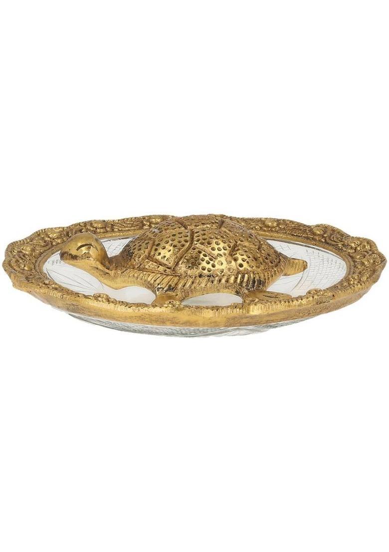 AapnoCrafts White Metal With Glass Plate Feng Shui Metal Tortoise ,Turtle Plate Yantra Vastu Feng Sui Decorative Showpiece - 10.16 cm&nbsp;&nbsp;(Metal, Gold) - Indya