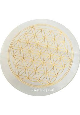 SWARACRYSTAL Selenite Charging Plate Engraved Symbol flower of life for Reiki Healing Decorative Showpiece - 8 cm&nbsp;&nbsp;(Crystal, White, Gold)