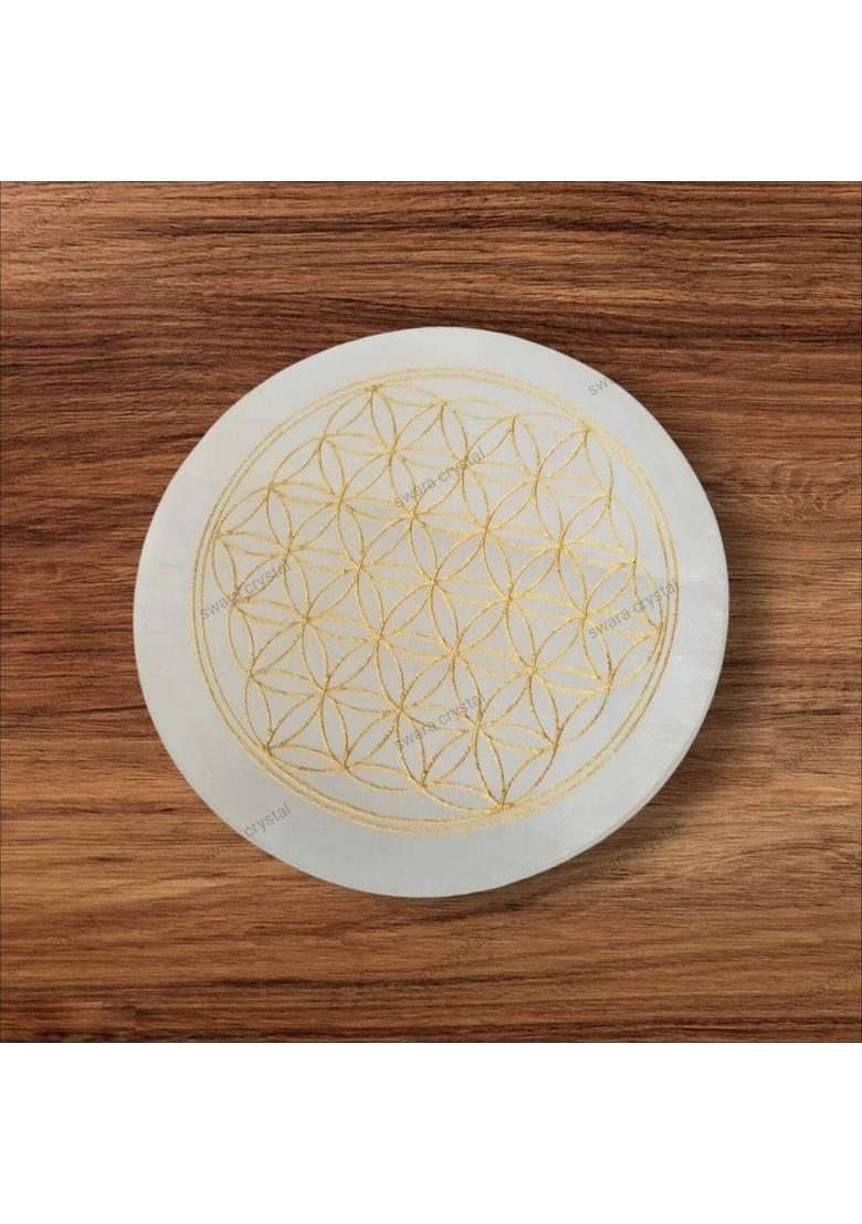 SWARACRYSTAL Selenite Charging Plate Engraved Symbol flower of life for Reiki Healing Decorative Showpiece - 8 cm&nbsp;&nbsp;(Crystal, White, Gold) - Indya