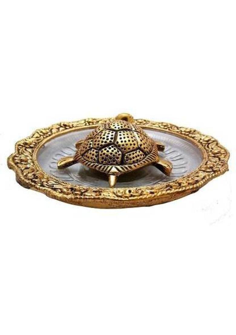 Shiv Feng Shui Tortoise WITH PLATE Decorative Showpiece - 4 cm&nbsp;&nbsp;(Brass, Glass, Gold, White) - Indya