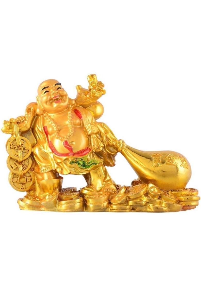 Dcreations Golden Laughing Buddha With Potli Decorative Showpiece - 10.16 cm&nbsp;&nbsp;(Polyresin, Multicolor) - Indya