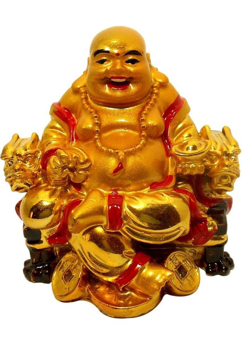 Feng Shui Art Vastu / Laughing Buddha Sitting On Chair For Happiness, Wealth & Goodluck� Decorative Showpiece - 7 cm&nbsp;&nbsp;(Polyresin, Gold) - Indya