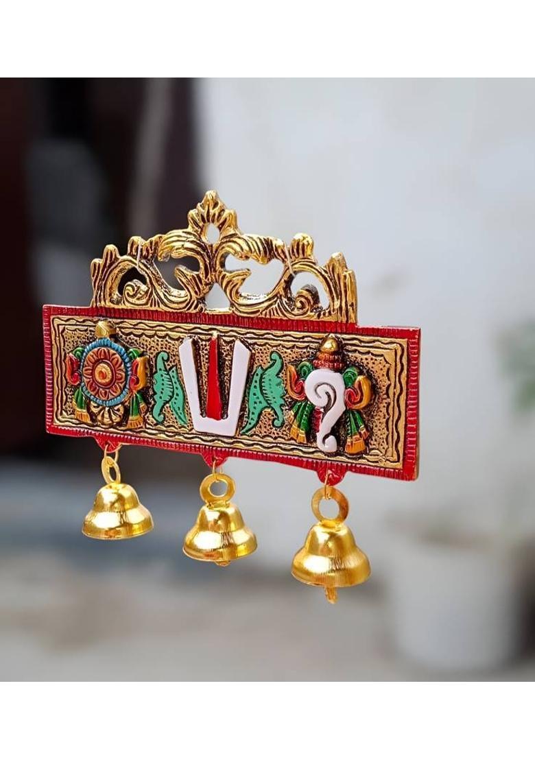 VARUNAAR Shankh Chakra Tilak Wall Hanging Bell plate for Room, Door Hanging with Ghanti Decorative Showpiece - 15 cm&nbsp;&nbsp;(Metal, Gold) - Indya