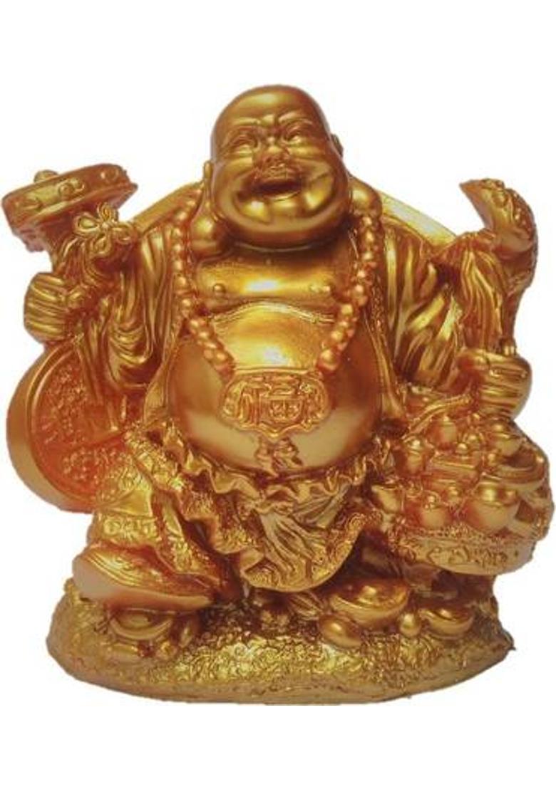 JaipurCrafts Feng Shui Laughing Buddha Decorative Showpiece - 12 cm&nbsp;&nbsp;(Polyresin, Gold) - Indya
