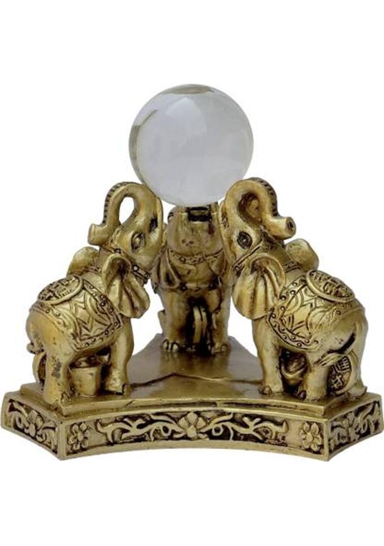 Vashoppee Vastu / Feng Shui /Triple Elephent With Crystal Ball For Wish, Wealth, Happyness & Prosperity Decorative Showpiece - 9 cm&nbsp;&nbsp;(Wood, Multicolor) - Indya