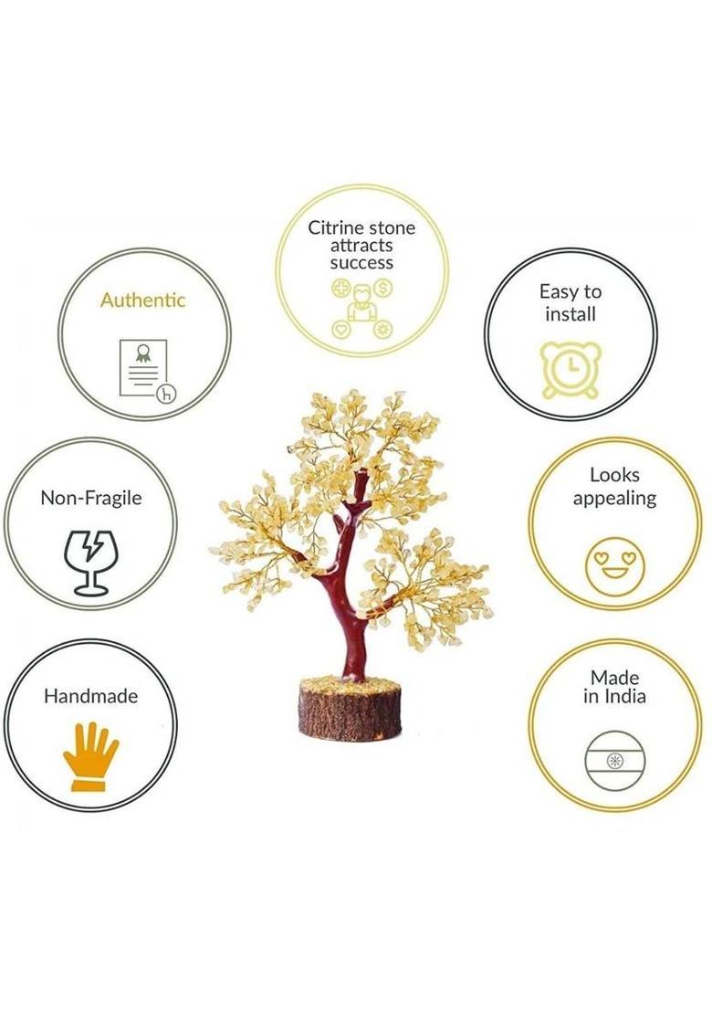 Swara Agate Citrin Stone Tree Natural Healing Tree Wooden Base with Golden Wire 300 bids Decorative Showpiece - 23 cm&nbsp;&nbsp;(Stone, Crystal, Yellow) - Indya