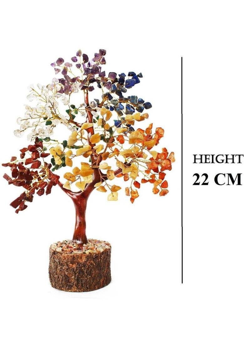 Hitansh Enterprise 7 Chakra Natural Healing Gemstone Feng Shui Money Tree for Good Luck Yoga Reiki Decorative Showpiece - 22 cm&nbsp;&nbsp;(Stone, Wood, Copper, Polyresin, Multicolor) - Indya