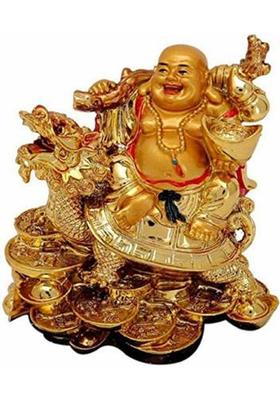 woomenzara Feng Shui Laughing Buddha on Dragon for Remove Bad Luck Dragon Boat and Coins for Health Wealth and Happiness,Showpiece for Good Fortune, Success and Prosperity Statue Car Dasbord,Gift Decorative Showpiece - 8 cm&nbsp;&nbsp;(Polyresin, Gold)