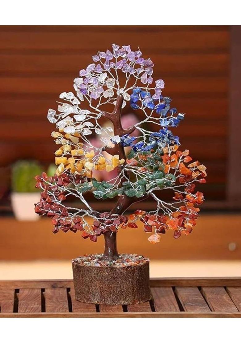 BHAGYA G 7 Chakra Crystal Tree 300 Beads for Home Decor, Vastu, Feng Shui Decorative Showpiece - 30 cm&nbsp;&nbsp;(Stone, Crystal, Wood, Brown) - Indya