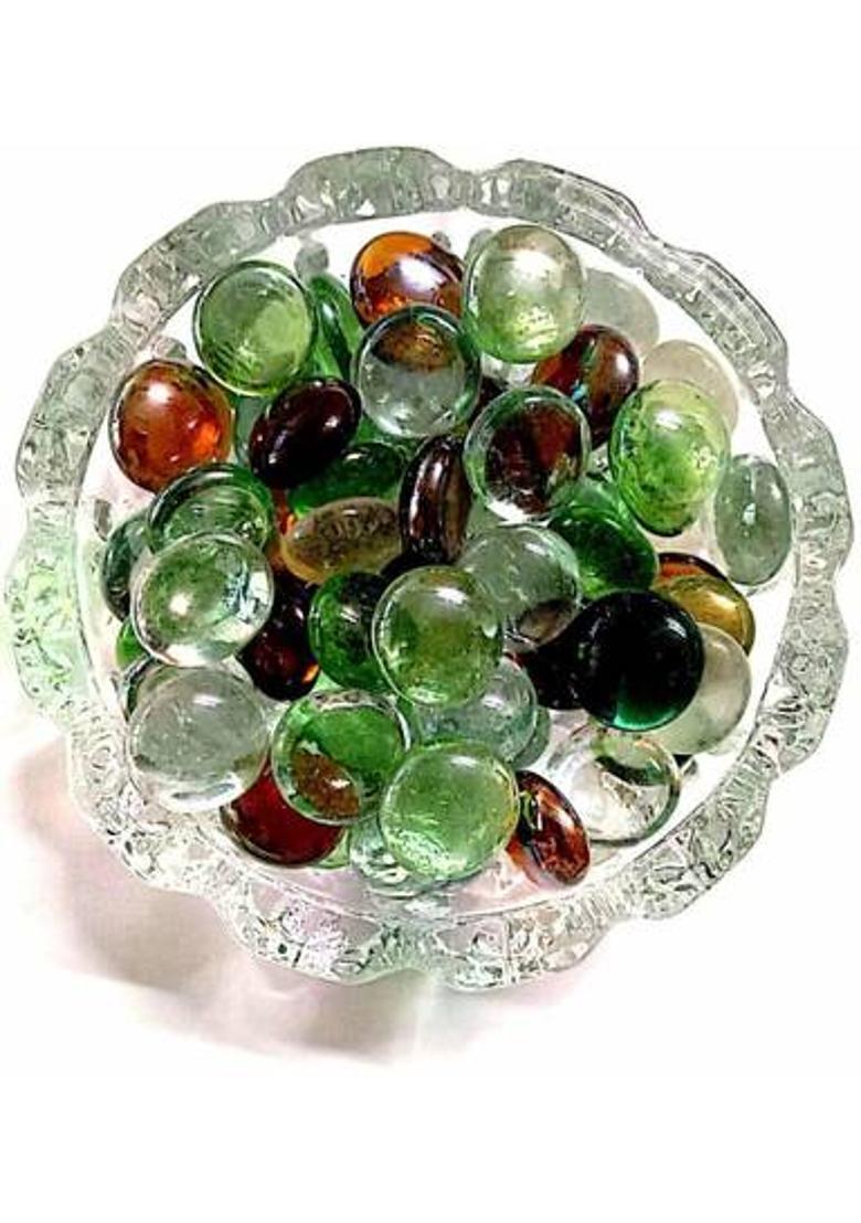 SHREENATHJI Quartz Pebbles Tumbled Powerful Vastu Feng-Shui Aura Chakra Reiki Healing Crystals Stone (350 Gram) with Glass Bowl for Home Office, Good Luck & Prosperity Decorative Showpiece - 5 cm&nbsp;&nbsp;(Crystal, Multicolor) - Indya