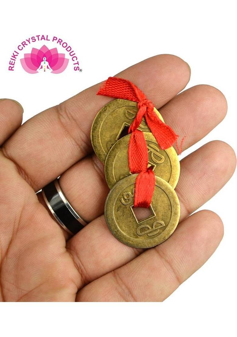 REIKI CRYSTAL PRODUCTS Feng Shui Set Of 3 Lucky Coins For Wealth and Achievement Good Luck & Prosperity Decorative Showpiece - 7 cm&nbsp;&nbsp;(Brass, Gold) - Indya