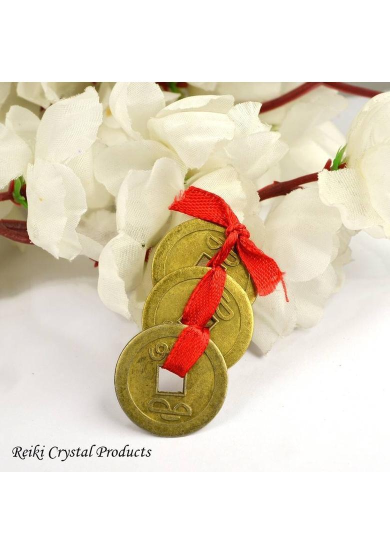 REIKI CRYSTAL PRODUCTS Feng Shui Set Of 3 Lucky Coins For Wealth and Achievement Good Luck & Prosperity Decorative Showpiece - 7 cm&nbsp;&nbsp;(Brass, Gold) - Indya