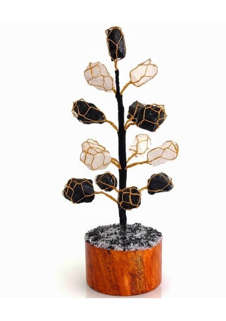 MIRAN AGATE TREE RAW SELENITE AND BLACK TOURMALINE Decorative Showpiece - 25 cm&nbsp;&nbsp;(Crystal, Black, White) - Indya