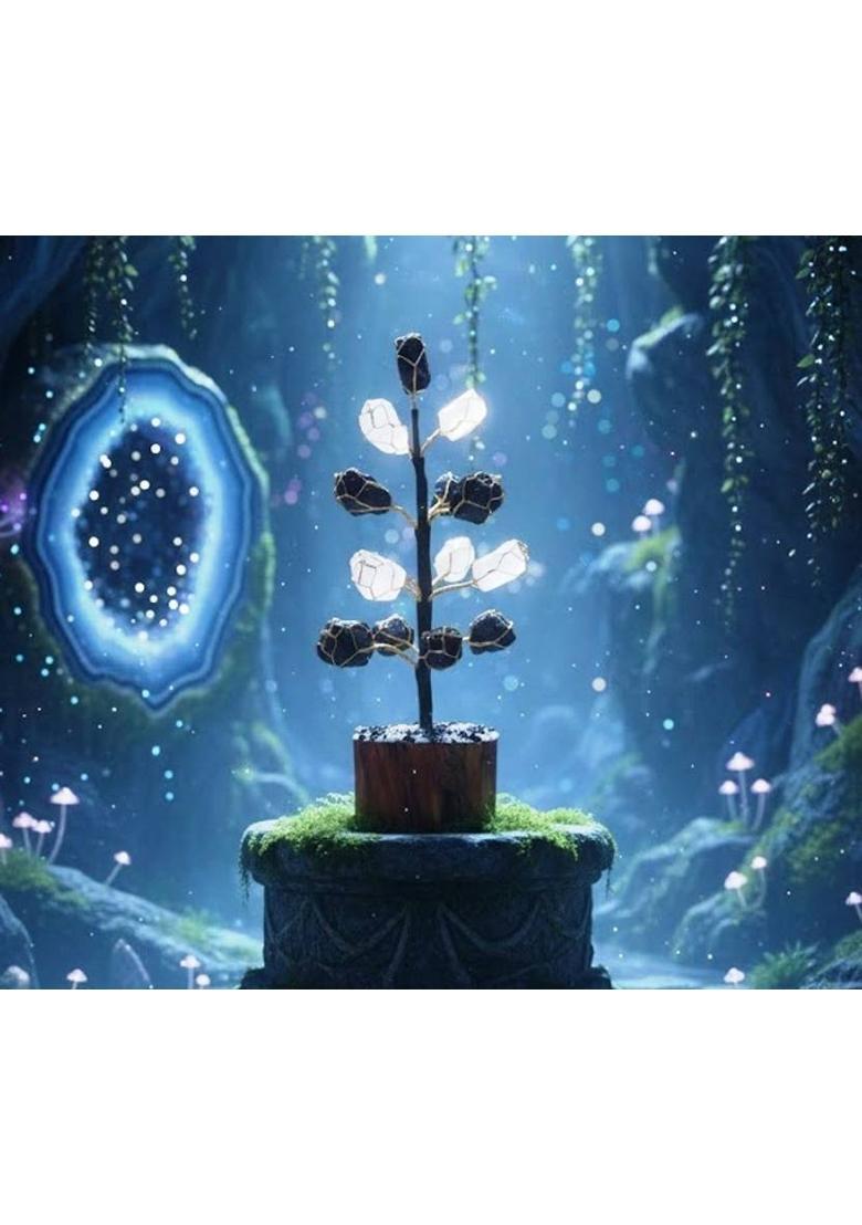 MIRAN AGATE TREE RAW SELENITE AND BLACK TOURMALINE Decorative Showpiece - 25 cm&nbsp;&nbsp;(Crystal, Black, White) - Indya