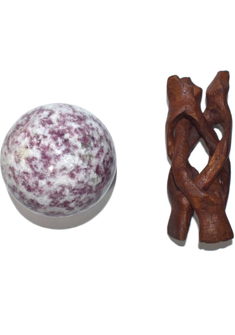Healings4u Sphere Lepidolite Size 2.5-3 Inch & One Wooden Ball stand Natural Crystal Ball Sphere Vastu Reiki Chakra Healing Decorative Showpiece - 7 cm&nbsp;&nbsp;(Stone, Purple) - Indya