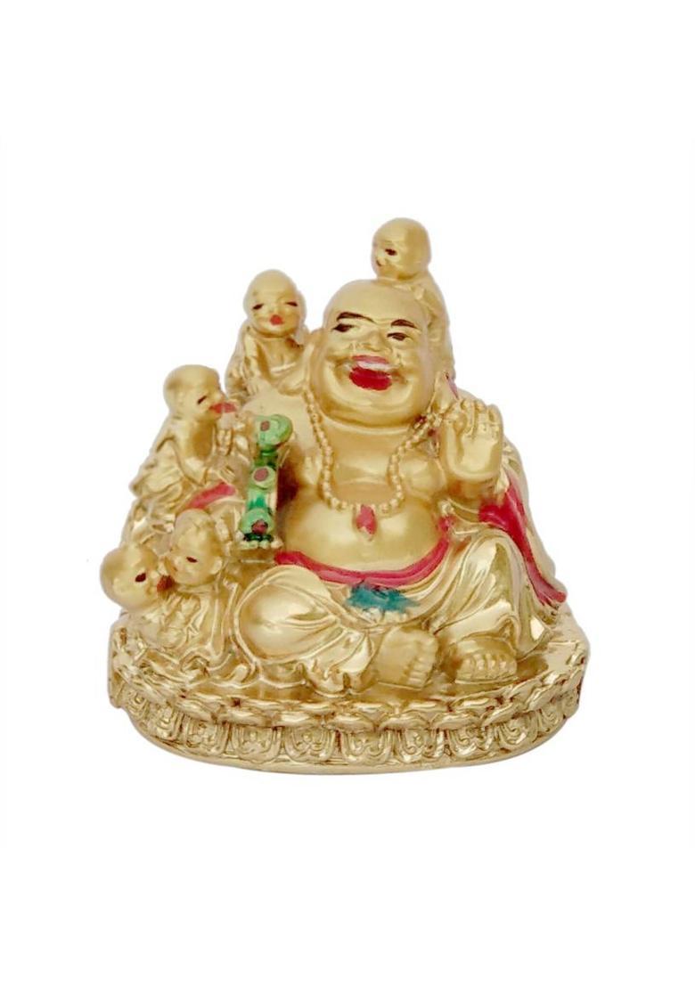 Feng Shui Art Vastu / Laughing Buddha With 5 Children For Health , Wealth, Happyness & Good Luck Decorative Showpiece - 7 cm&nbsp;&nbsp;(Polyresin, Gold) - Indya