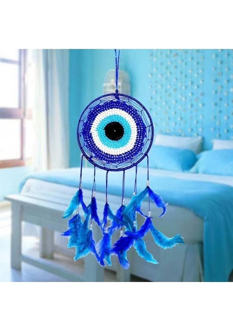 shutupnshop Blue Evil Eye Dream Catcher Wall Hanging for Positive Energy and Protections Decorative Showpiece - 35 cm&nbsp;&nbsp;(Feather, Multicolor) - Indya