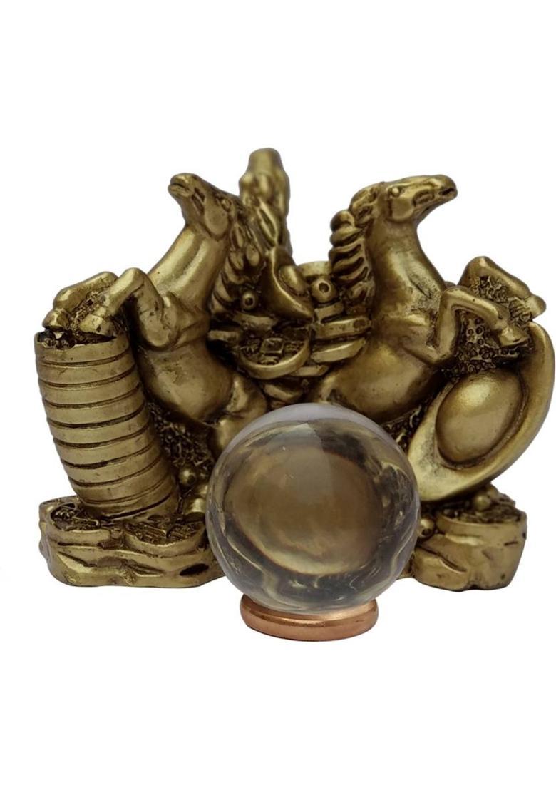 9tees Mart / Vastu / Feng Shui / Triple Victory Horse With Crystal Ball For Victory , Health , Wealth , Happiness & Prosperity Decorative Showpiece - 9 cm&nbsp;&nbsp;(Polyresin, Gold) - Indya