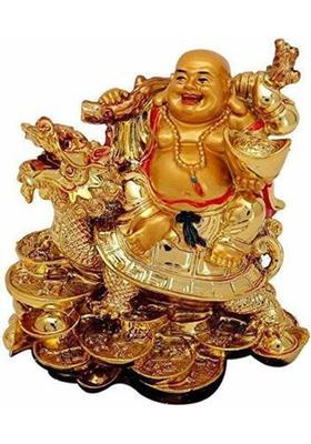 PPJ Laughing Buddha on Dragon Tortoise 3 inch x 3 inch (Polyresin, Gold) for Health, Wealth & Prosperity Feng Shui Vastu REMOVING BAD LUCK (SMALL) Decorative Showpiece - 8 cm&nbsp;&nbsp;(Polyresin, Gold)