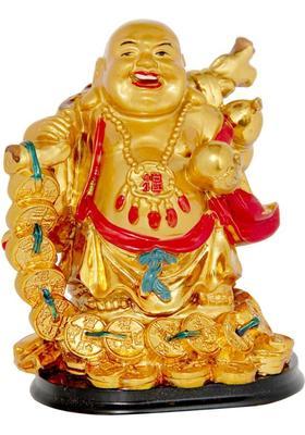 Feng Shui Art Vastu / Laughing Buddha with Coin Chain For Wealth And Happyness Decorative Showpiece - 13 cm&nbsp;&nbsp;(Polyresin, Gold)