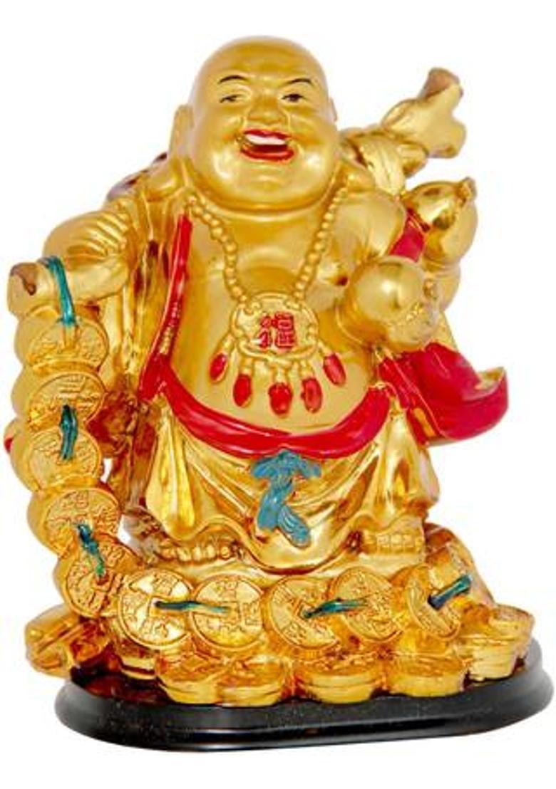 Feng Shui Art Vastu / Laughing Buddha with Coin Chain For Wealth And Happyness Decorative Showpiece - 13 cm&nbsp;&nbsp;(Polyresin, Gold) - Indya