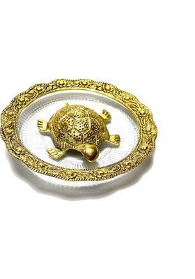 Mahant Ji Pure Crystal Gold Plated Tortoise with Plate for Good Luck Or Feng Shui Tortoise Turtle for Wealth with Gangajal from Kashi - Size - 5.5 Inch Diameter Decorative Showpiece - 14 cm&nbsp;&nbsp;(Crystal, Clear, Gold)