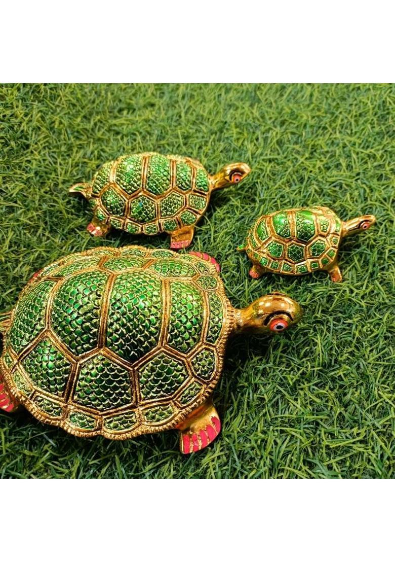 Dev Samagri Metal Handmade Green & Gold Turtle/Tortoise Feng Shui Showpiece (Green and Gold) Decorative Showpiece - 11 cm&nbsp;&nbsp;(Metal, Light Green) - Indya