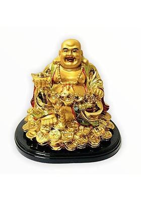 TIRALS Laughing Buddha Sitting on Luck Coins and Carrying Ingot potli , Happy Man for Good Luck, Wealth, Prosperity at Home, Office Decorative Showpiece Decorative Showpiece - 8 cm&nbsp;&nbsp;(Polyresin, Gold)