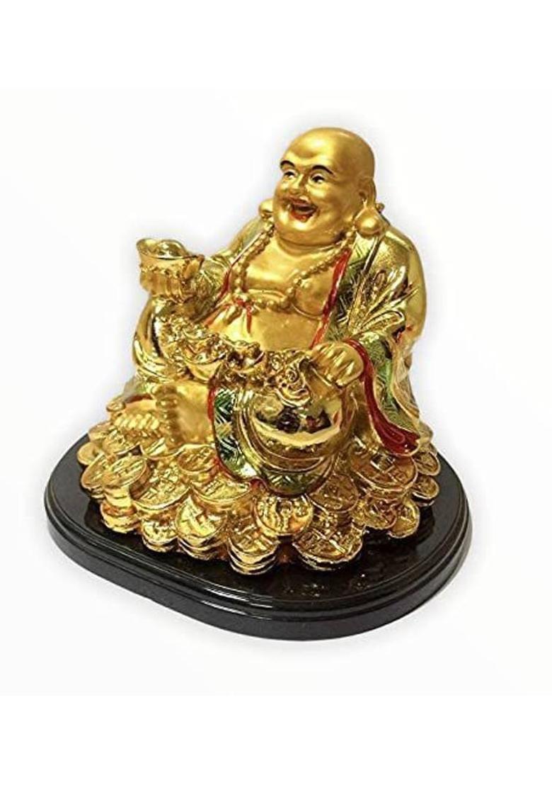 TIRALS Laughing Buddha Sitting on Luck Coins and Carrying Ingot potli , Happy Man for Good Luck, Wealth, Prosperity at Home, Office Decorative Showpiece Decorative Showpiece - 8 cm&nbsp;&nbsp;(Polyresin, Gold) - Indya
