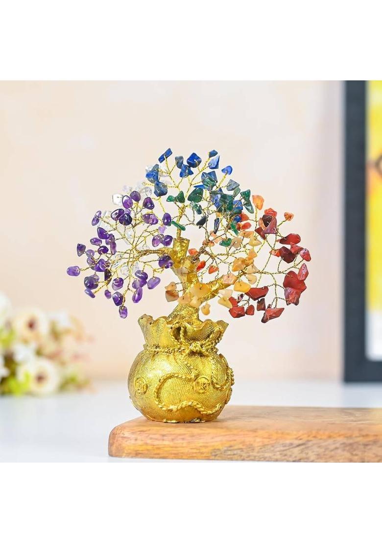 UNIQUESCRYSTAL Lucky Feng Shui 7 Chakra Tree with Golden Money Bag BASE Decorative Showpiece - 7 cm&nbsp;&nbsp;(Crystal, Multicolor) - Indya