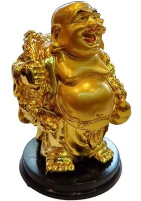 Gurucharan Laughing Buddha Stands holding a FAN for Good Luck Prosperity Decorative Showpiece - 7 cm&nbsp;&nbsp;(Resin, Gold)