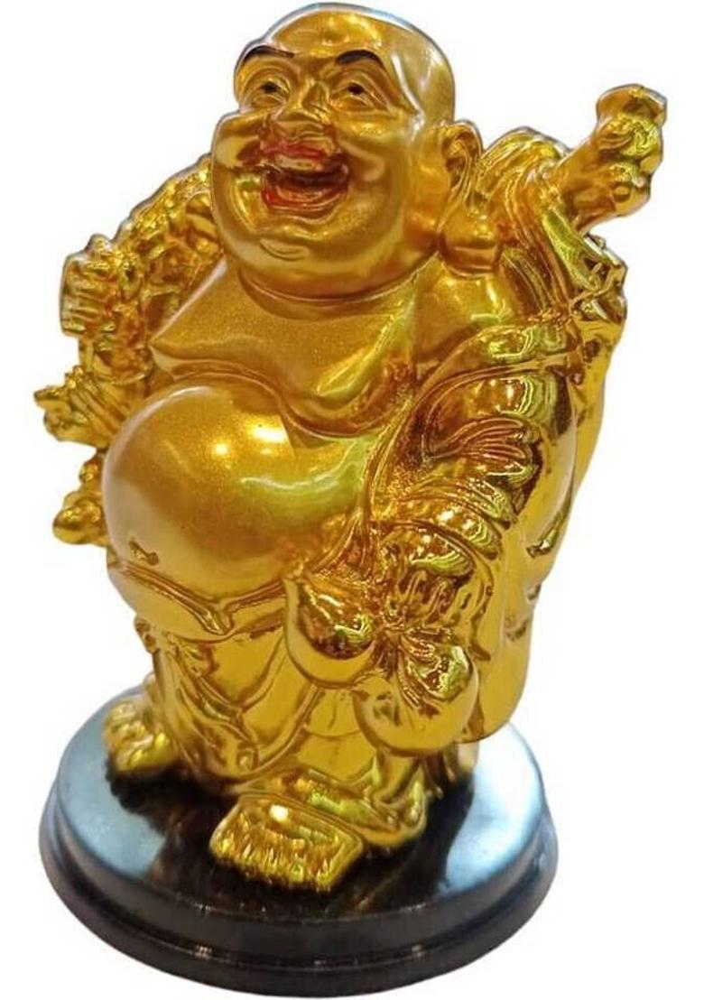 Gurucharan Laughing Buddha Stands holding a FAN for Good Luck Prosperity Decorative Showpiece - 7 cm&nbsp;&nbsp;(Resin, Gold) - Indya