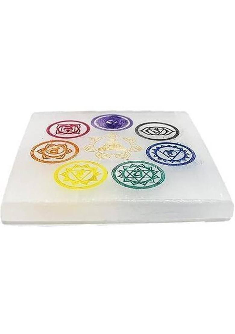 TREEMAISON Seven Chakra Selenite Plate (3 INCH) Selenite Crystal Charging Plate Decorative Showpiece - 7.62 cm&nbsp;&nbsp;(Crystal, Multicolor) - Indya