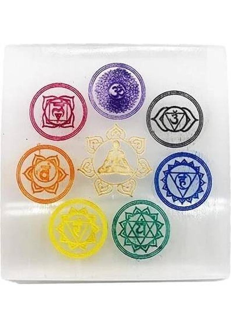 TREEMAISON Seven Chakra Selenite Plate (3 INCH) Selenite Crystal Charging Plate Decorative Showpiece - 7.62 cm&nbsp;&nbsp;(Crystal, Multicolor) - Indya