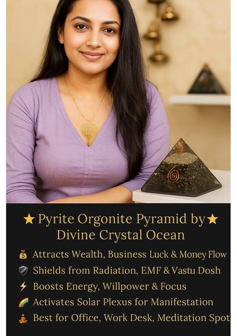 Divine Crystal Ocean Pyrite Orgone Pyramid for Wealth, Positivity & EMF Protection Decorative Showpiece - 6 cm&nbsp;&nbsp;(Resin, Gold, Black) - Indya