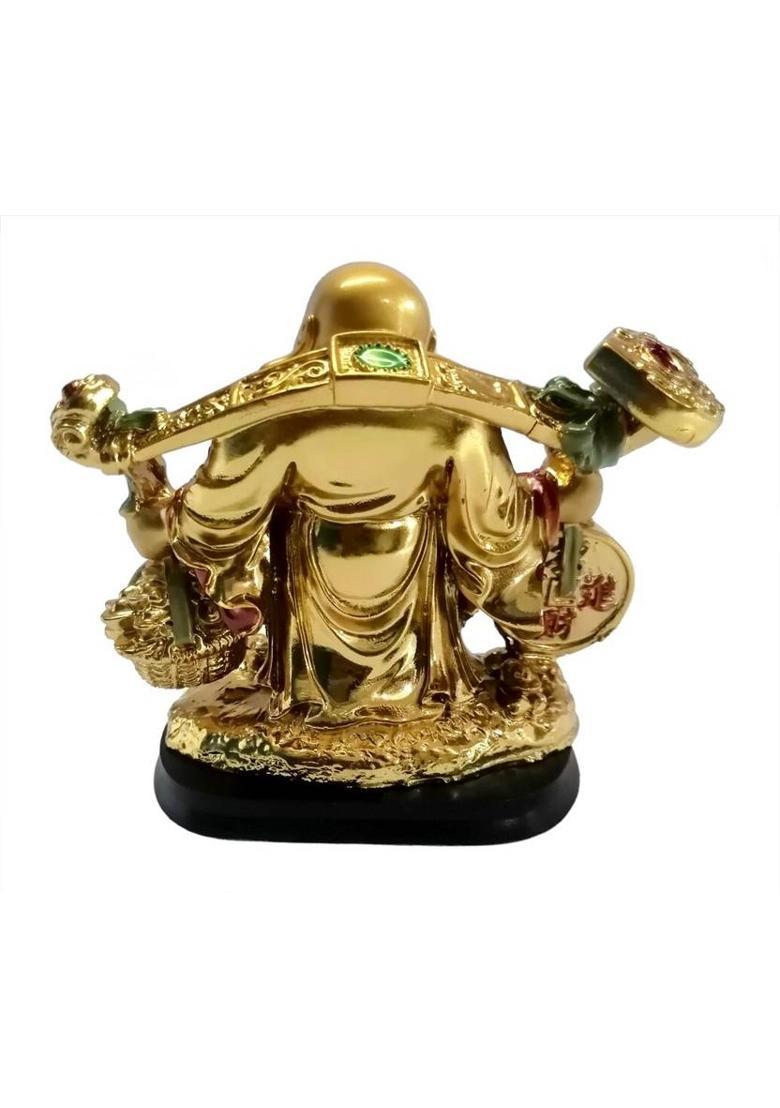 Feng Shui Art Vastu / Shravan Kumar Laughing Buddha Holding Wealth Coin and Ingots For Attracting Money Prosperity Financial Luck Decorative Showpiece - 11 cm&nbsp;&nbsp;(Polyresin, Gold) - Indya