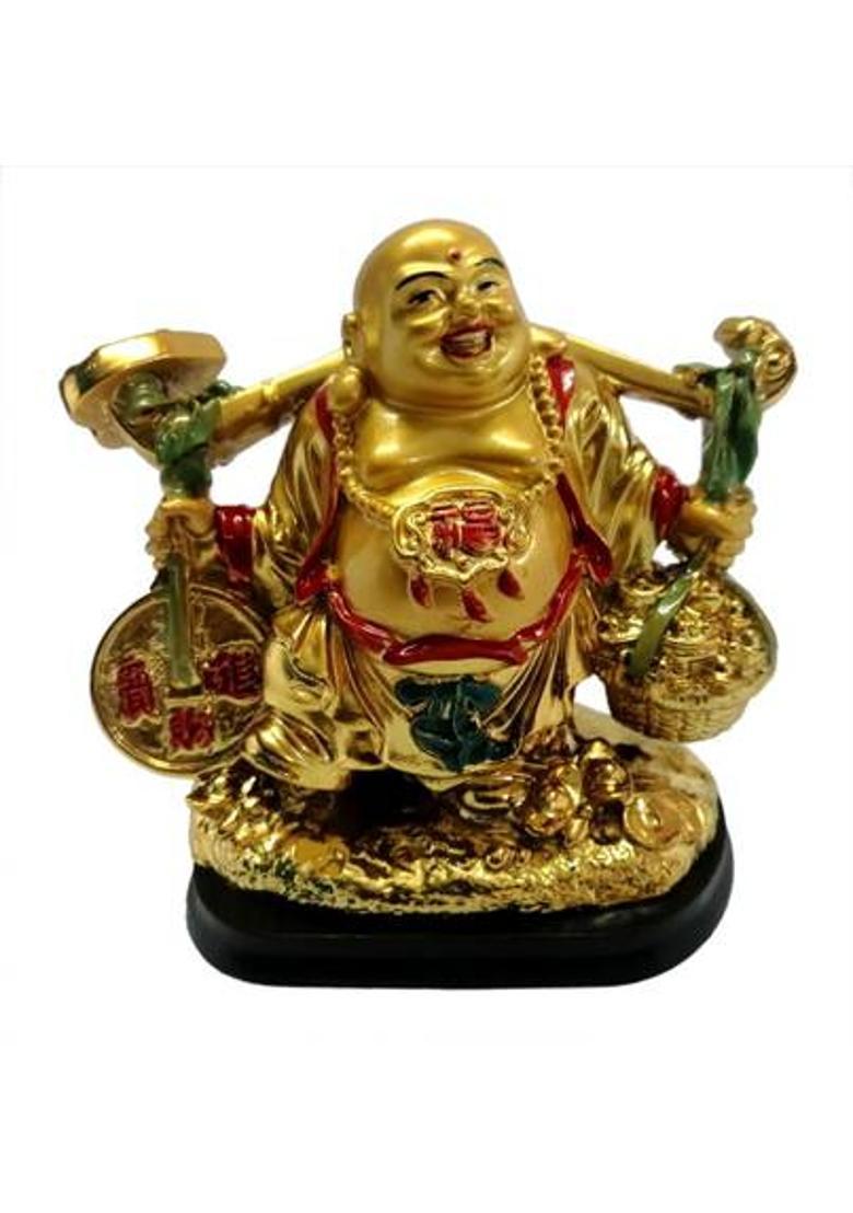 Feng Shui Art Vastu / Shravan Kumar Laughing Buddha Holding Wealth Coin and Ingots For Attracting Money Prosperity Financial Luck Decorative Showpiece - 11 cm&nbsp;&nbsp;(Polyresin, Gold) - Indya