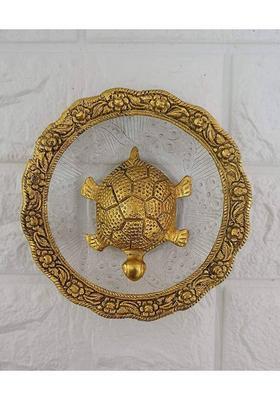 Anshika International White Metal with Golden Glass Plate Feng Shui Metal Tortoise, Kachua Plate, Turtle Plate Yantra Vastu Feng Sui | Vaastu Yantra| Wealth Sign Statue Showpiece| Wish Fulfilling Decorative Showpiece - 2.5 cm&nbsp;&nbsp;(Aluminium, Gold)