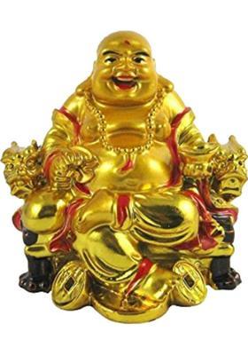 Saubhagya Global On Chair With Ingot And Money Coin Laughing Buddha For Health, Wealth & Prosperity Decorative Showpiece - 8 cm&nbsp;&nbsp;(Polyresin, Gold)
