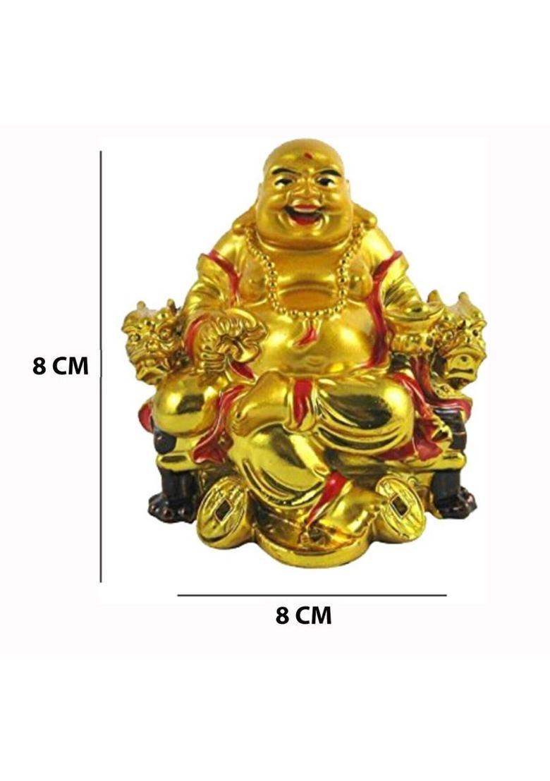 Saubhagya Global On Chair With Ingot And Money Coin Laughing Buddha For Health, Wealth & Prosperity Decorative Showpiece - 8 cm&nbsp;&nbsp;(Polyresin, Gold) - Indya