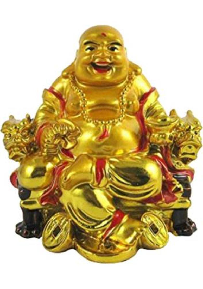 Saubhagya Global On Chair With Ingot And Money Coin Laughing Buddha For Health, Wealth & Prosperity Decorative Showpiece - 8 cm&nbsp;&nbsp;(Polyresin, Gold) - Indya