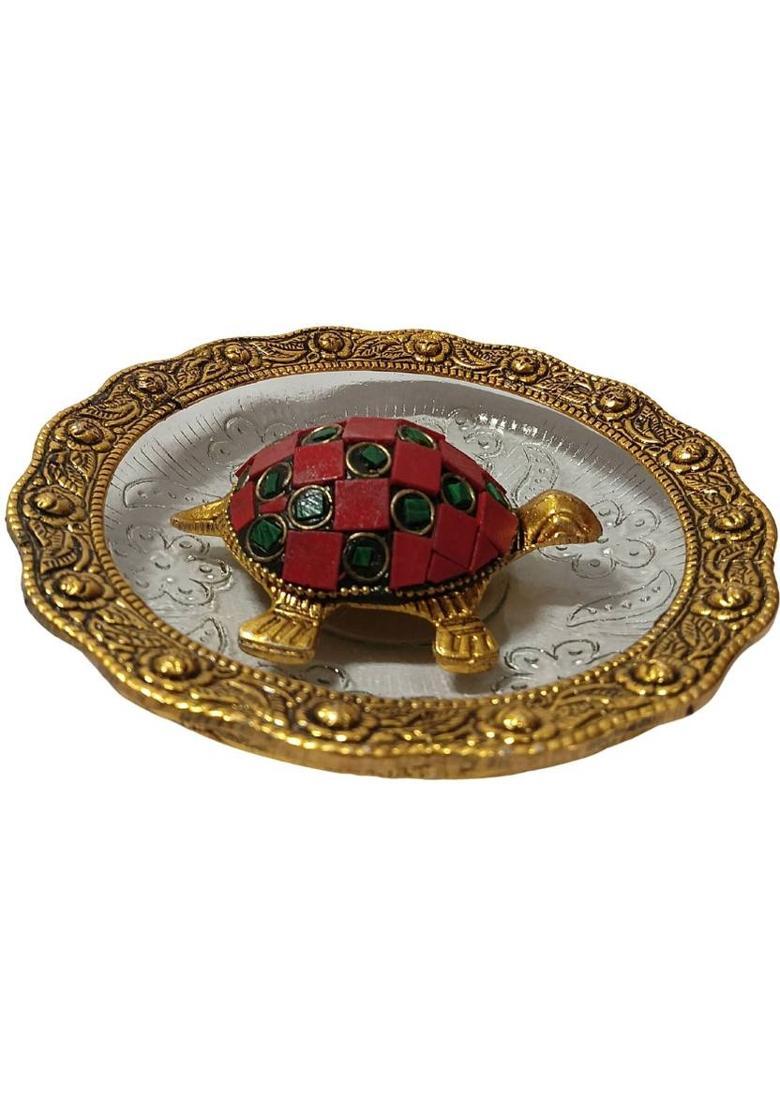 HOMESIE Feng Shui Tortoise with Plate Decorative Showpiece - 14 cm&nbsp;&nbsp;(Glass, Red) - Indya