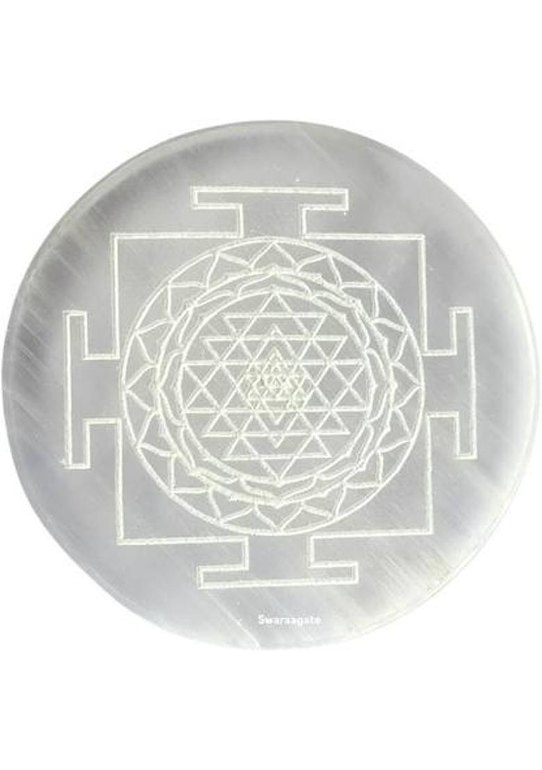 Swara Agate Selenite Charging Plate Engraved Symbol for Reiki Healing . (Sri Yantra) Decorative Showpiece - 8 cm&nbsp;&nbsp;(Stone, White) - Indya